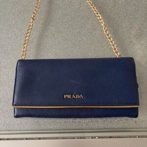 Prada Blue Saffiano Leather Crossbody Wallet with Gold Chain